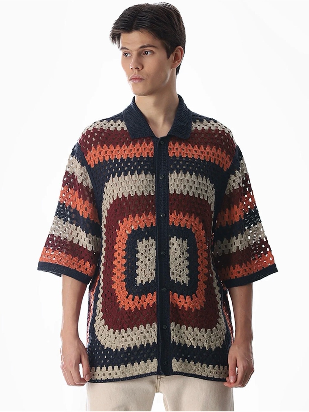 Morsecode MULTI COLOR CROCHET SHIRT Men’s M Collared Button Up Short Sleeve Top